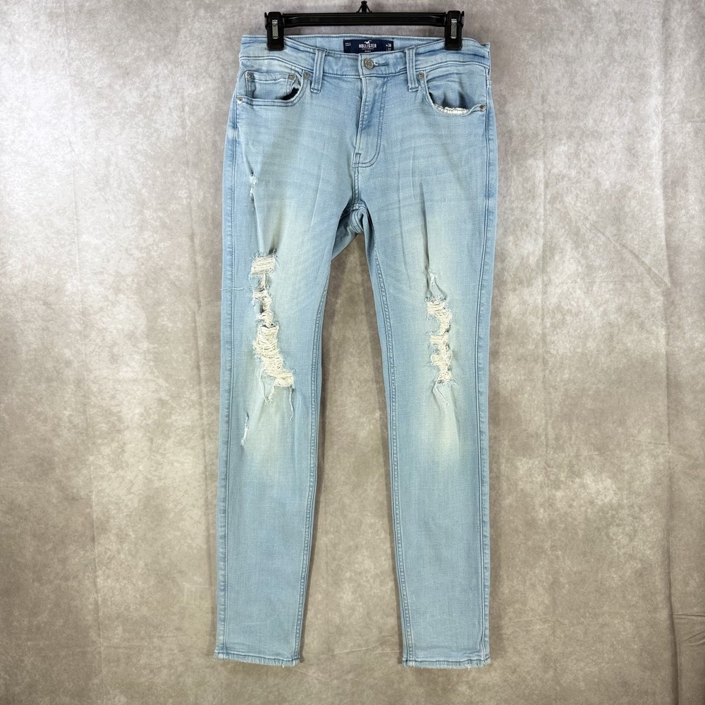 Hollister Denim Jeans Men 30x32 Blue Distressed Vintage Vibe Ripped Knee‎ Skinny